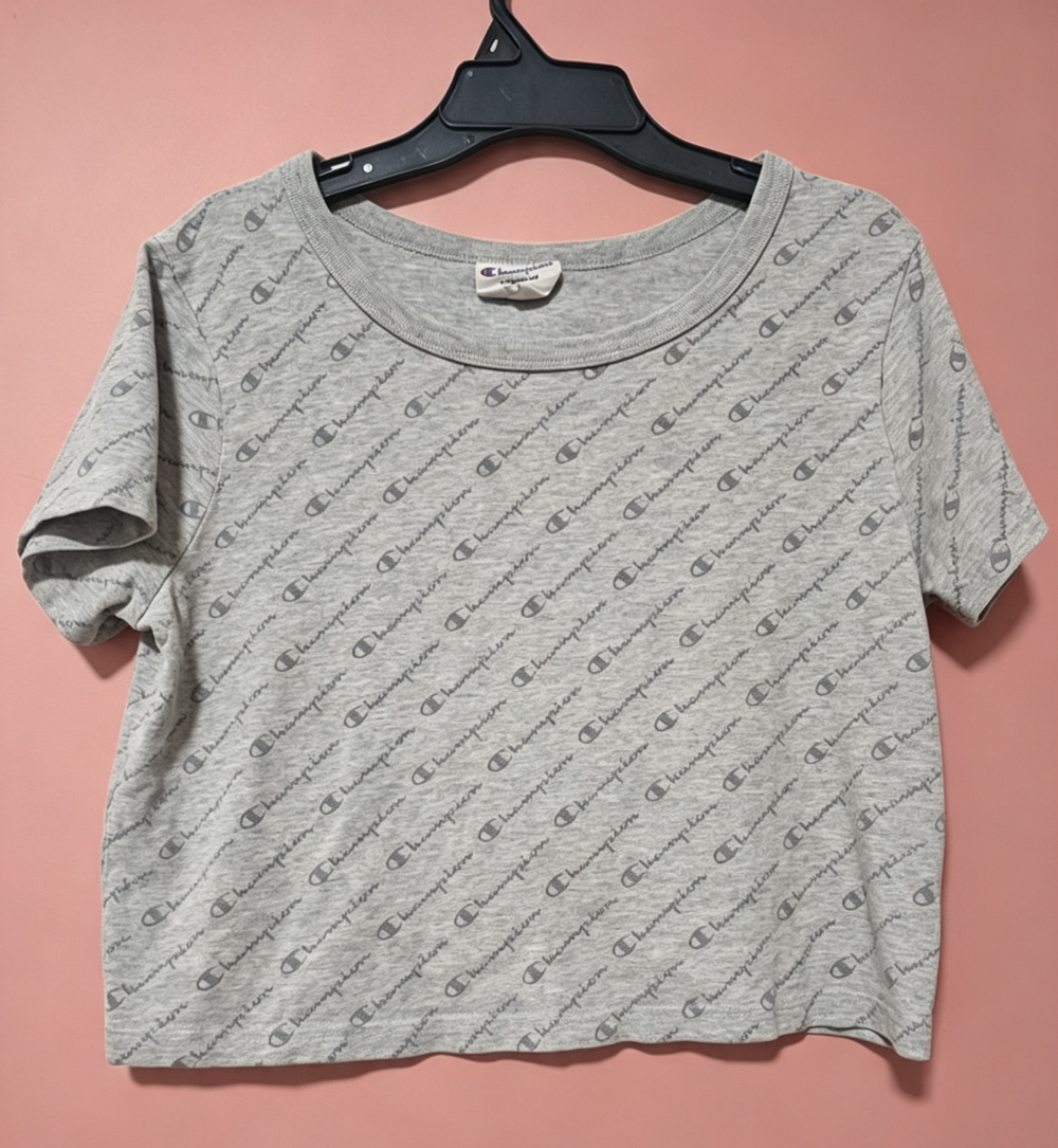 Champion Grey All-Over Print Script Crop Top Size S